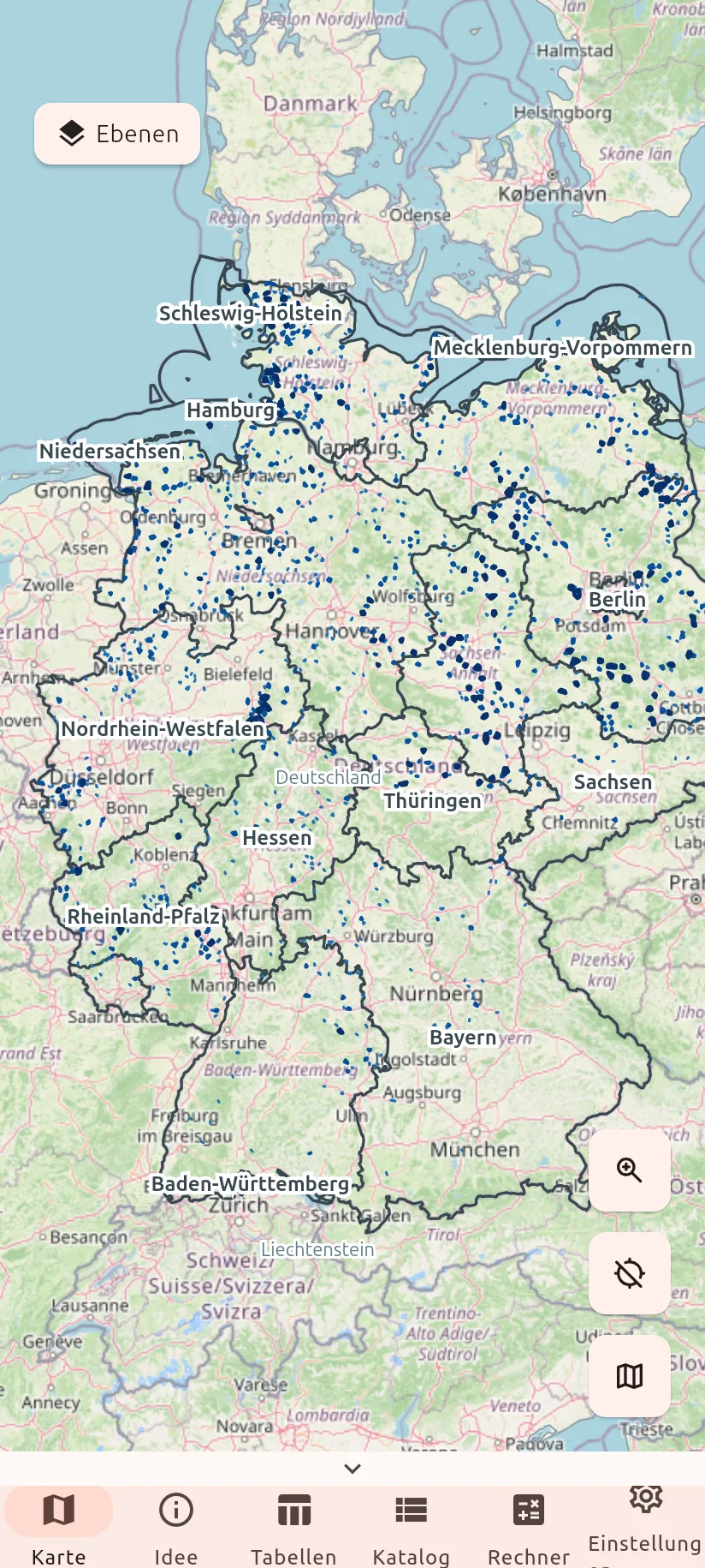 Düngewende-Karte mit Wind- und Solaranlagen in Deutschland