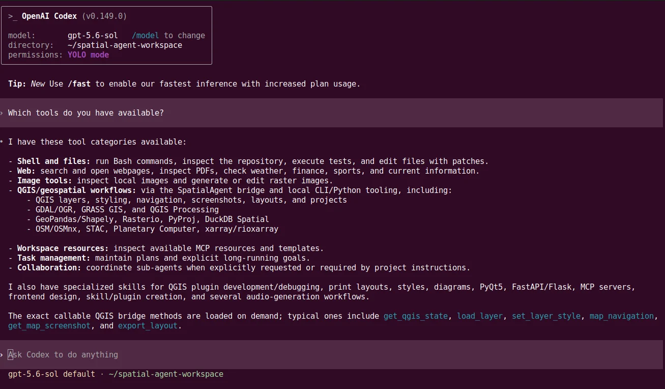 Codex-Shell im SpatialAgents-Workspace mit verfügbaren QGIS- und Geodatenwerkzeugen