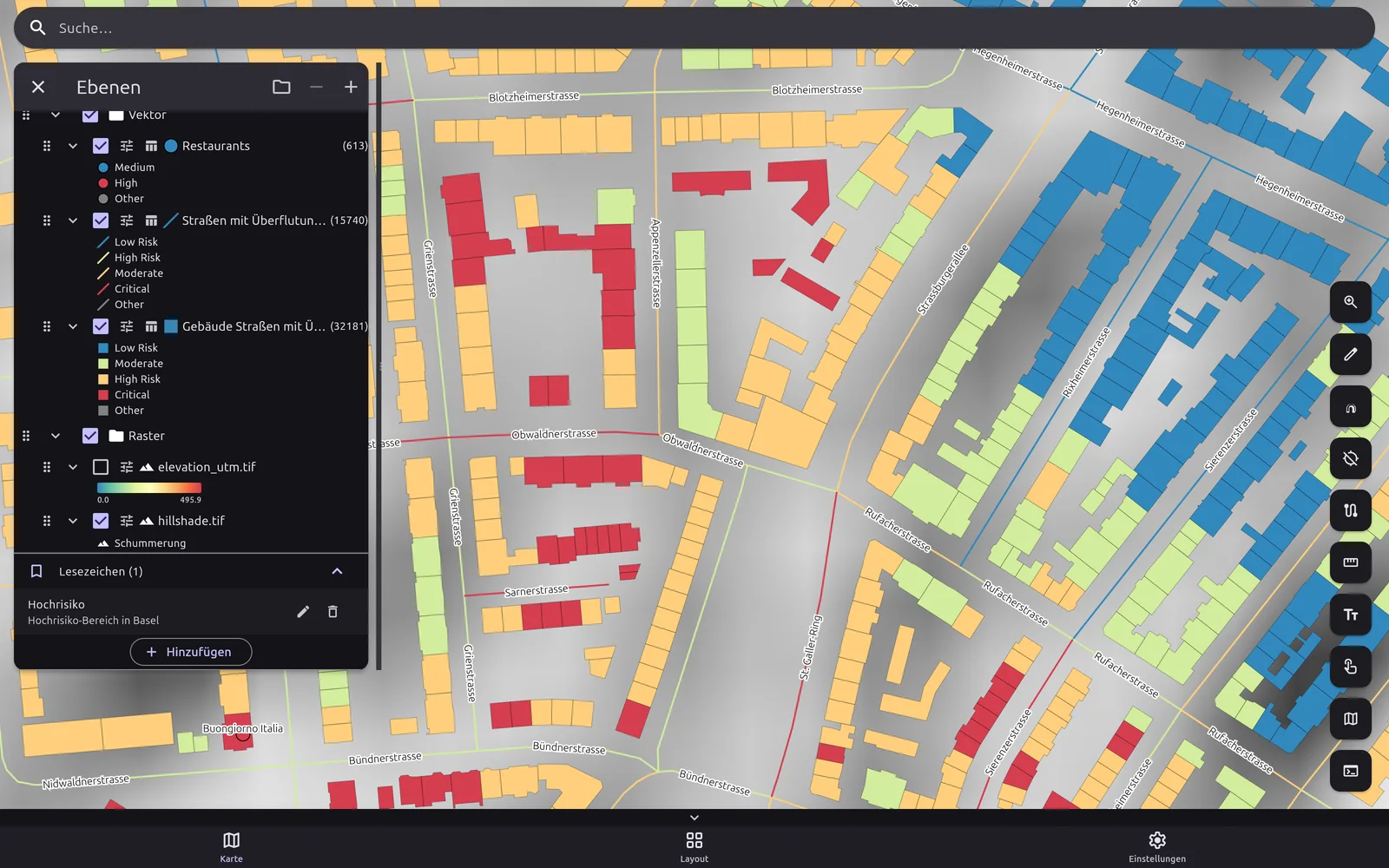 SpatialApp-Beispielprojekt mit thematischen Risikoebenen und dem Lesezeichen Hochrisiko in Basel